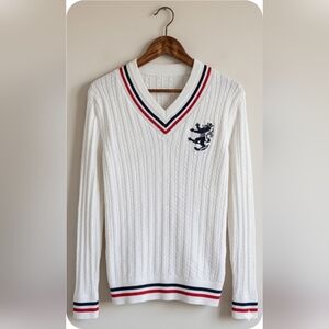 Preppy Cricket V-Neck Vintage Sweater Sporty White Cable Knit Griffin Lion Crest